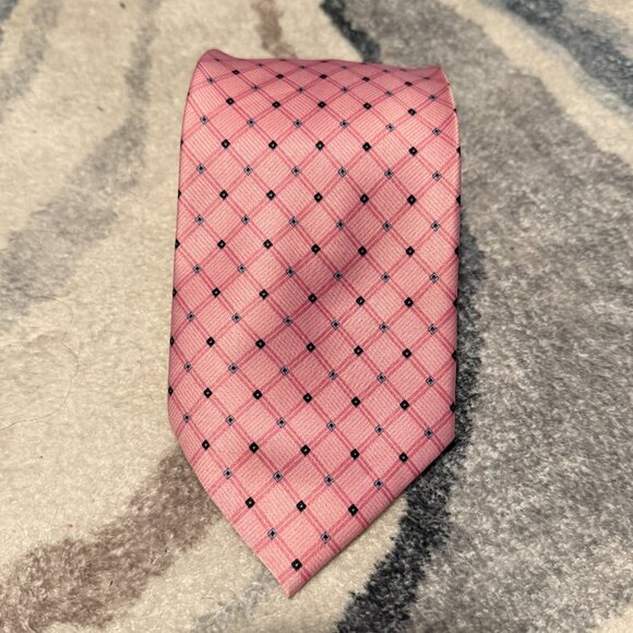 Dinghao Men's Silk Pink Tie with dots and stripe pattern - Picture 1 of 6